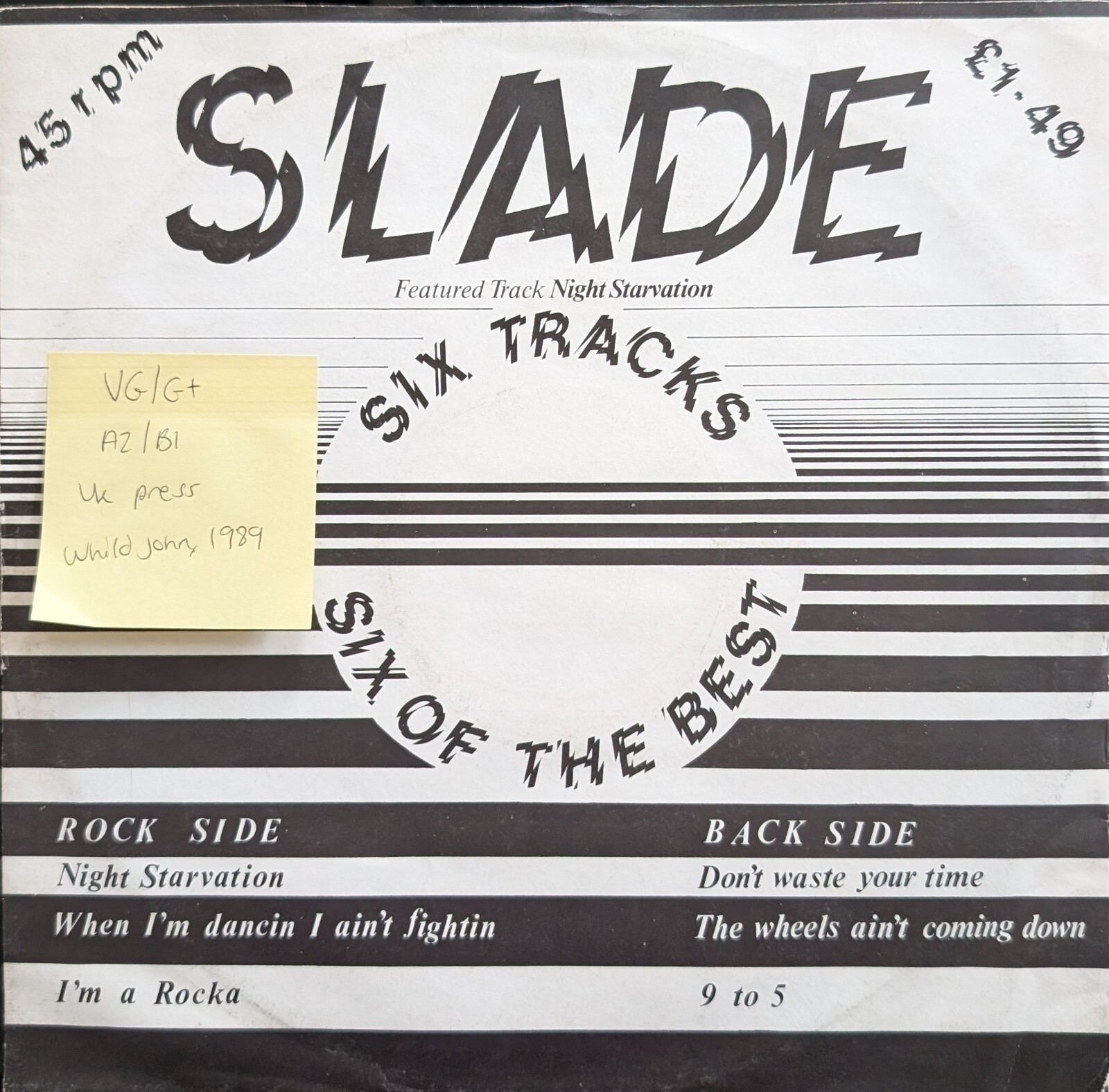 Slade Six Tracks Vinyl Record VG/G+ SUPER45NO3 1989 sleeve