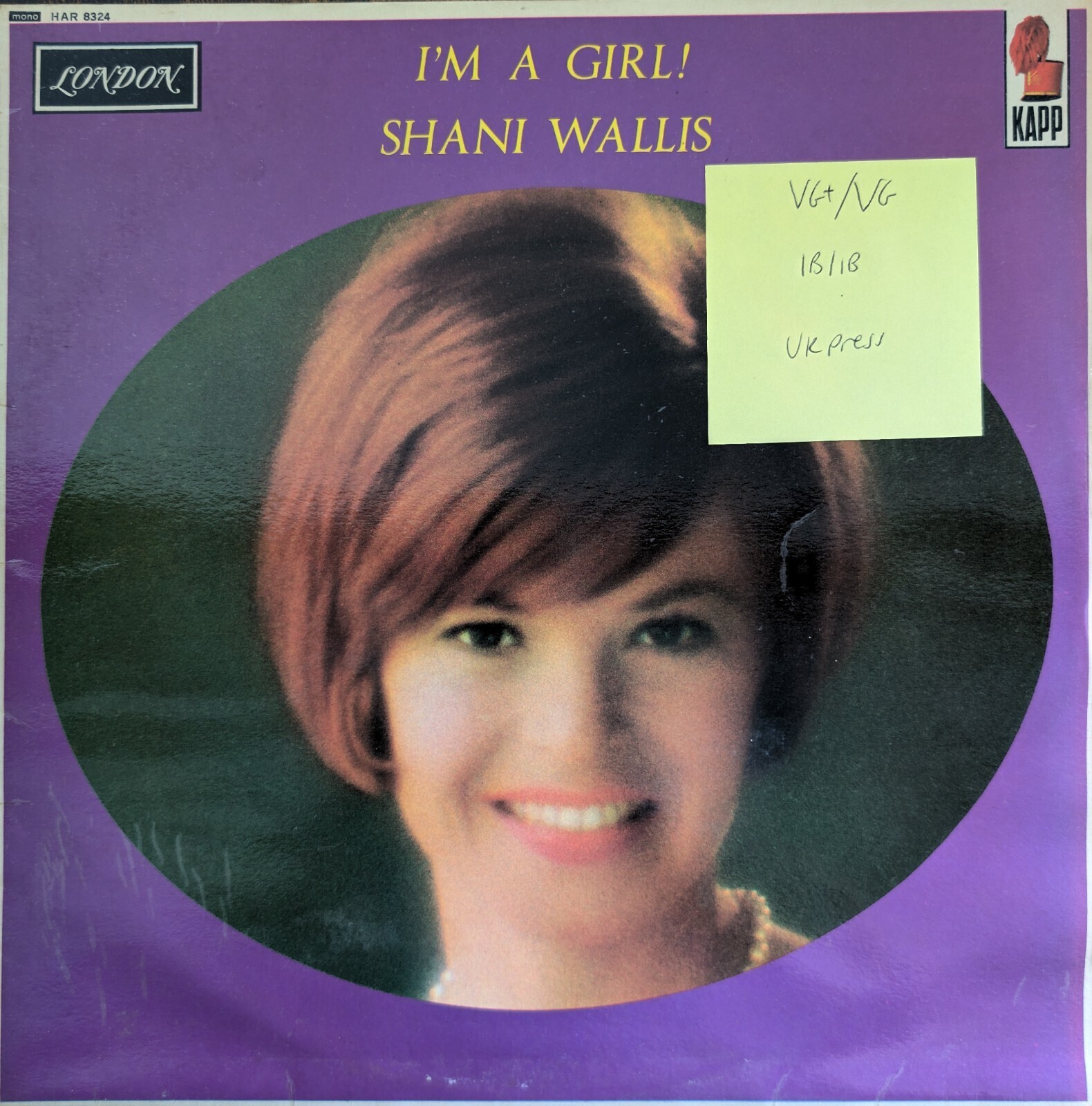Shani Wallis I'm A Girl Vinyl Record VG+/VG HAR8324 1967 1st Press Mono vinyl record sleeve