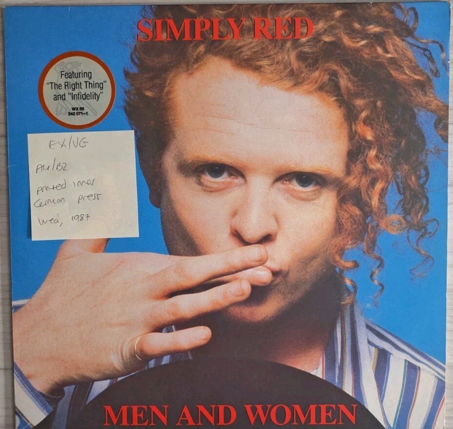 Simply Red Men And Women Vinyl Record LP EX/VG WX 85 1987 vinyl record sleeve Simply Red Men And Women Vinyl Record LP EX/VG WX 85 1987 sleeve