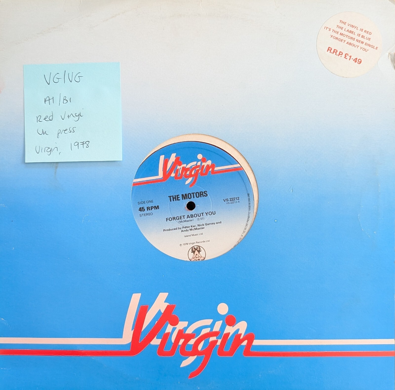 The Motors Forget About You Coloured Vinyl Record 12" VG/VG VS 22212 1978 vinyl record sleeve The Motors Forget About You Coloured Vinyl Record 12" VG/VG VS 22212 1978 sleeve