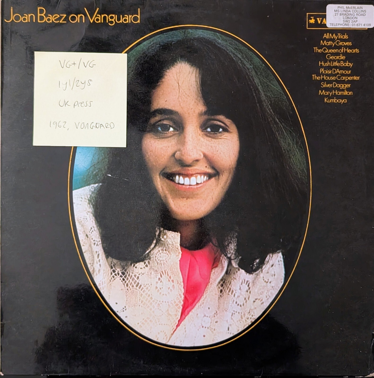 Joan Baez On Vanguard Vinyl Record LP VG+/VG SVXL100 1962 vinyl record sleeve Joan Baez On Vanguard Vinyl Record LP VG+/VG SVXL100 1962 sleeve