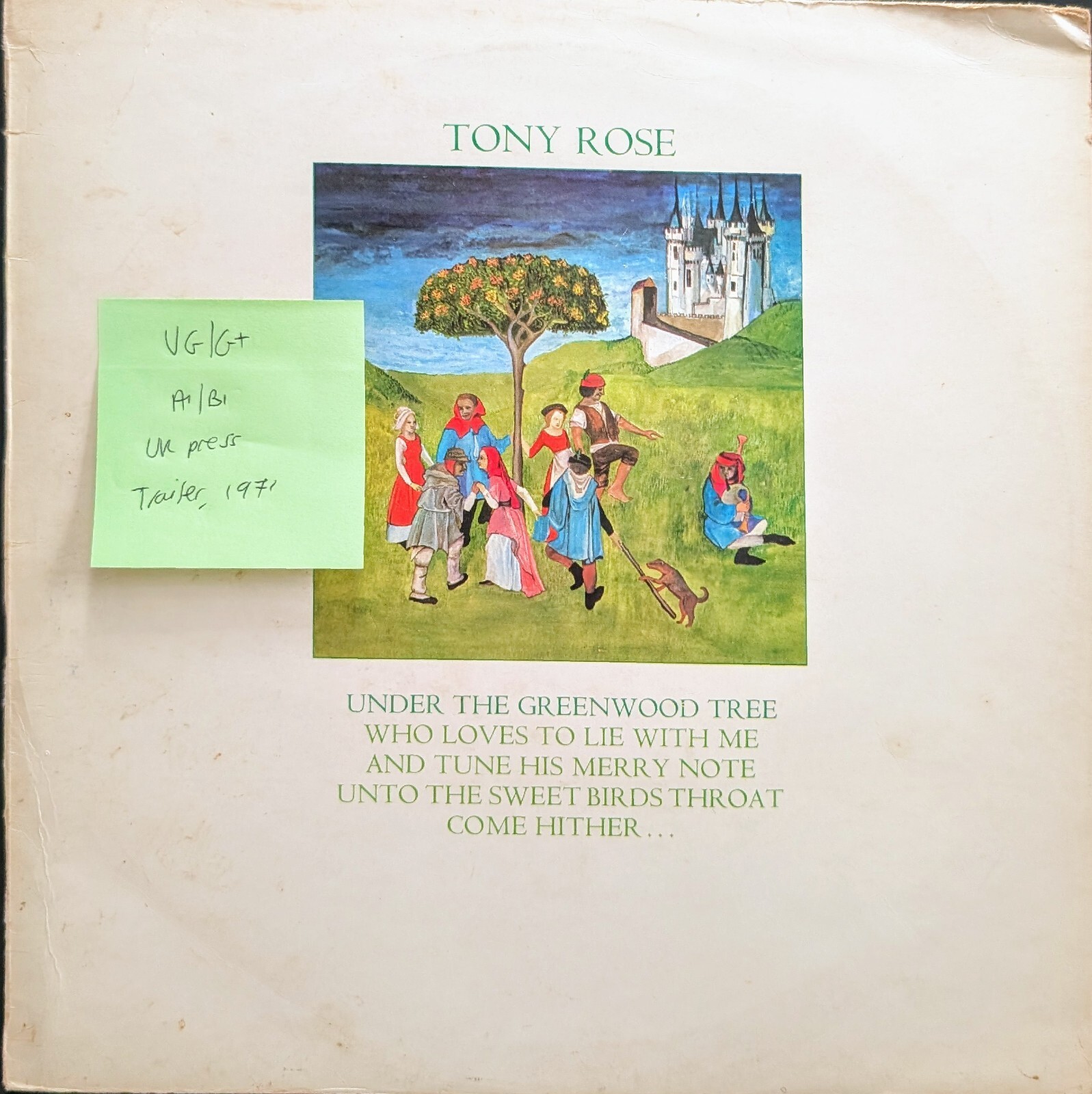 Tony Rose Under The Greenwood Tree Vinyl Record LP VG/G+ LER 2024 1971 1st Press vinyl record sleeve Tony Rose Under The Greenwood Tree Vinyl Record LP VG/G+ LER 2024 1971 1st Press sleeve