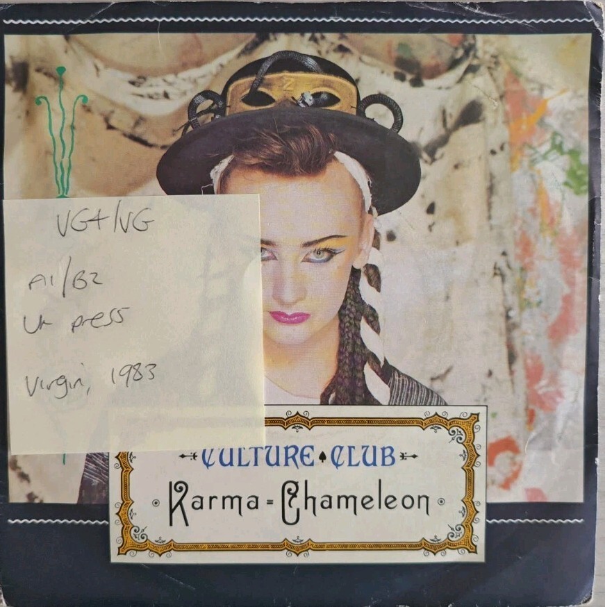 Culture Club Karma Chameleon Vinyl Record 7" VG+/VG VS612-12 1983 vinyl record sleeve Culture Club Karma Chameleon Vinyl Record 7" VG+/VG VS612-12 1983 sleeve
