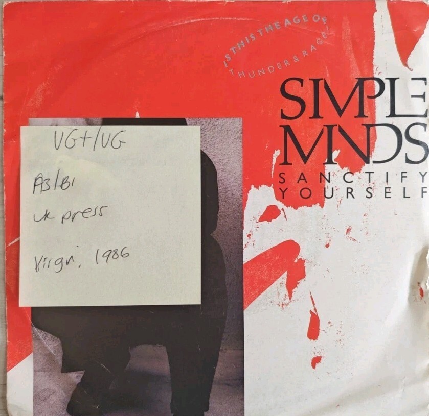 Simple Minds Sanctify Yourself Vinyl Record 7" VG+/VG SM 1 1986 vinyl record sleeve Simple Minds Sanctify Yourself Vinyl Record 7" VG+/VG SM 1 1986 sleeve