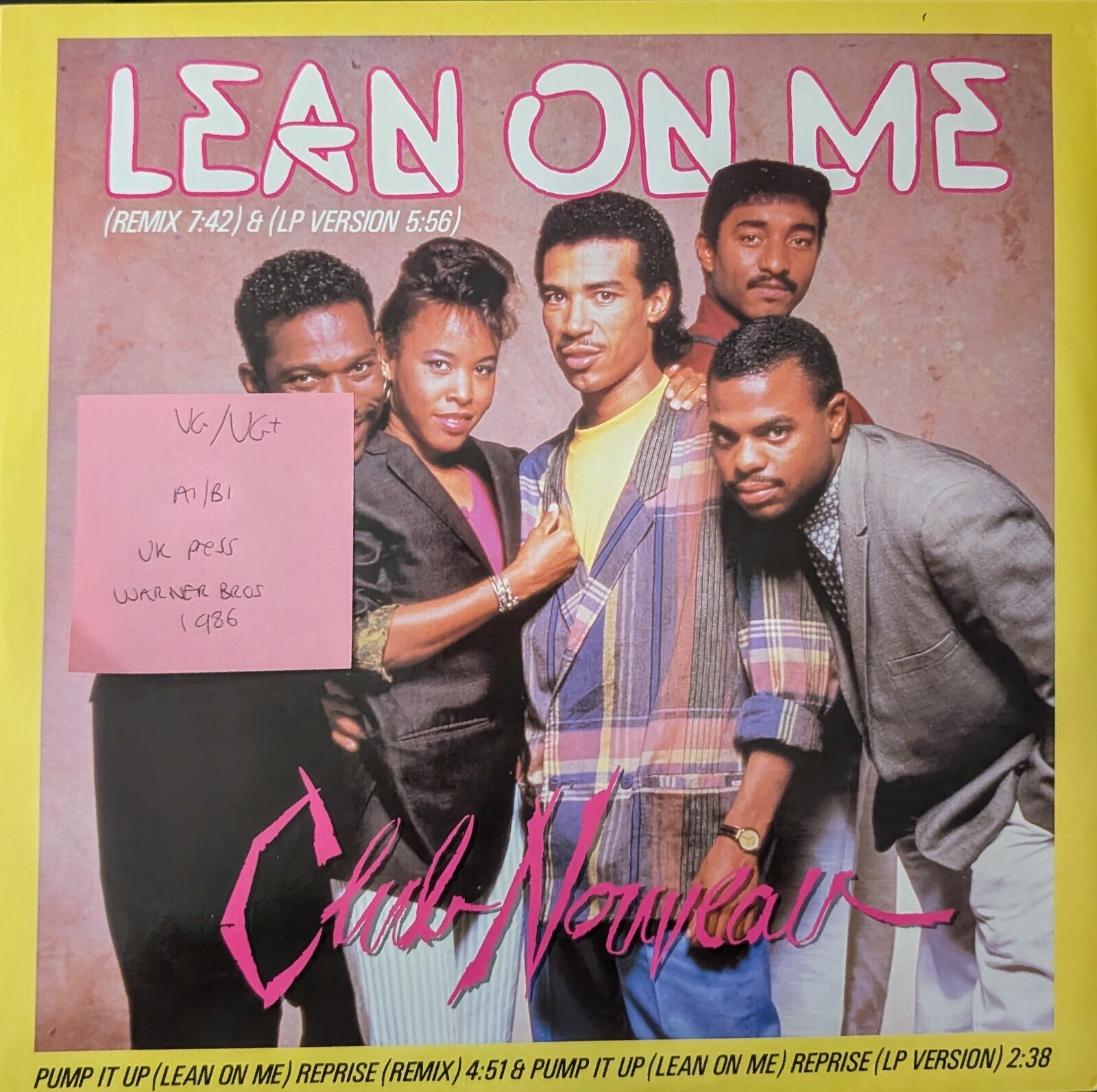 Club Nouveau Lean On Me Vinyl Record VG/VG+ W8430T 1986 vinyl record sleeve Club Nouveau Lean On Me Vinyl Record VG/VG+ W8430T 1986 sleeve