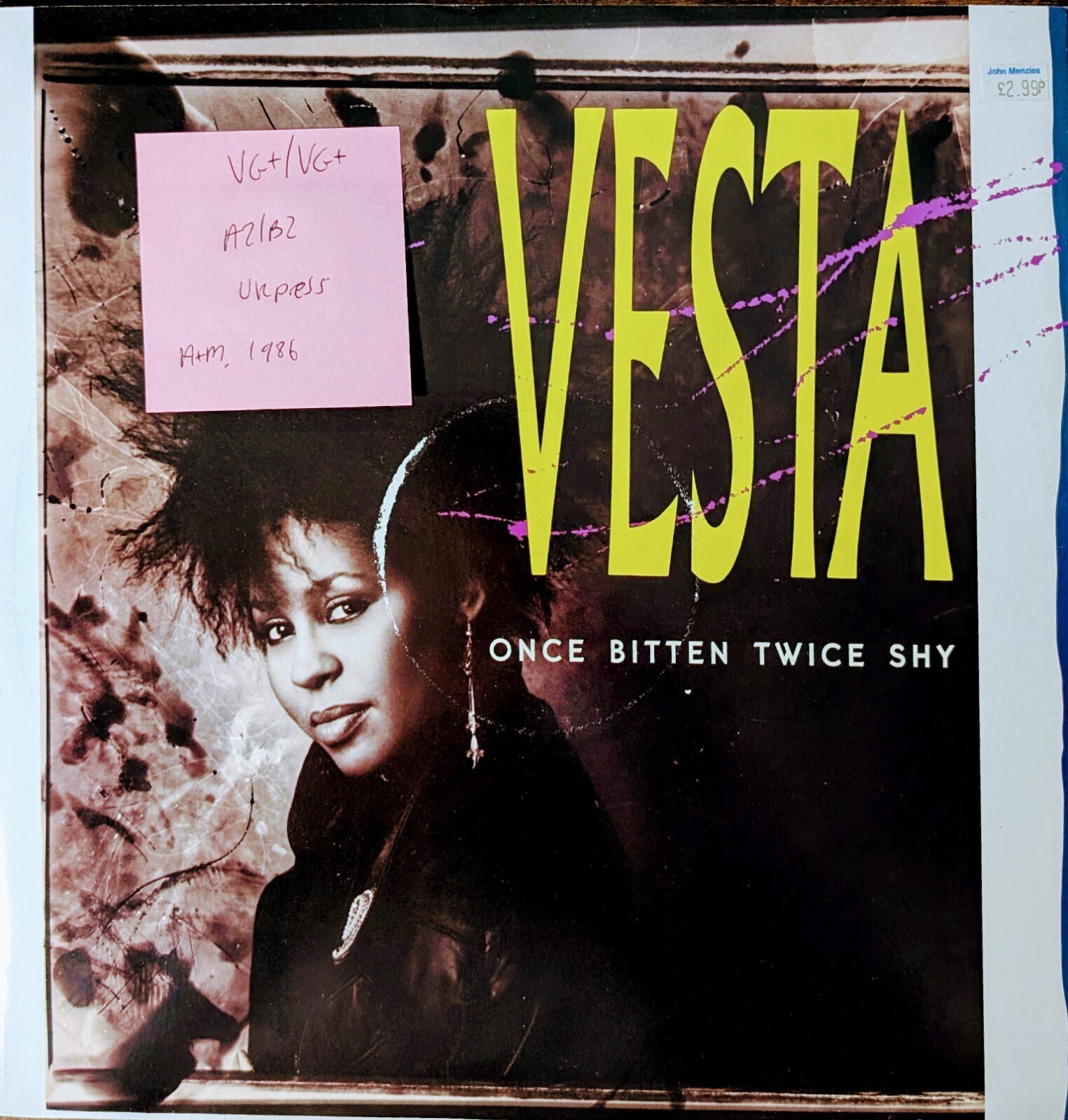 Vesta Once Bitten Twice Shy Vinyl Record VG+/VG+ AMY362 1986 vinyl record sleeve Vesta Once Bitten Twice Shy Vinyl Record VG+/VG+ AMY362 1986 sleeve